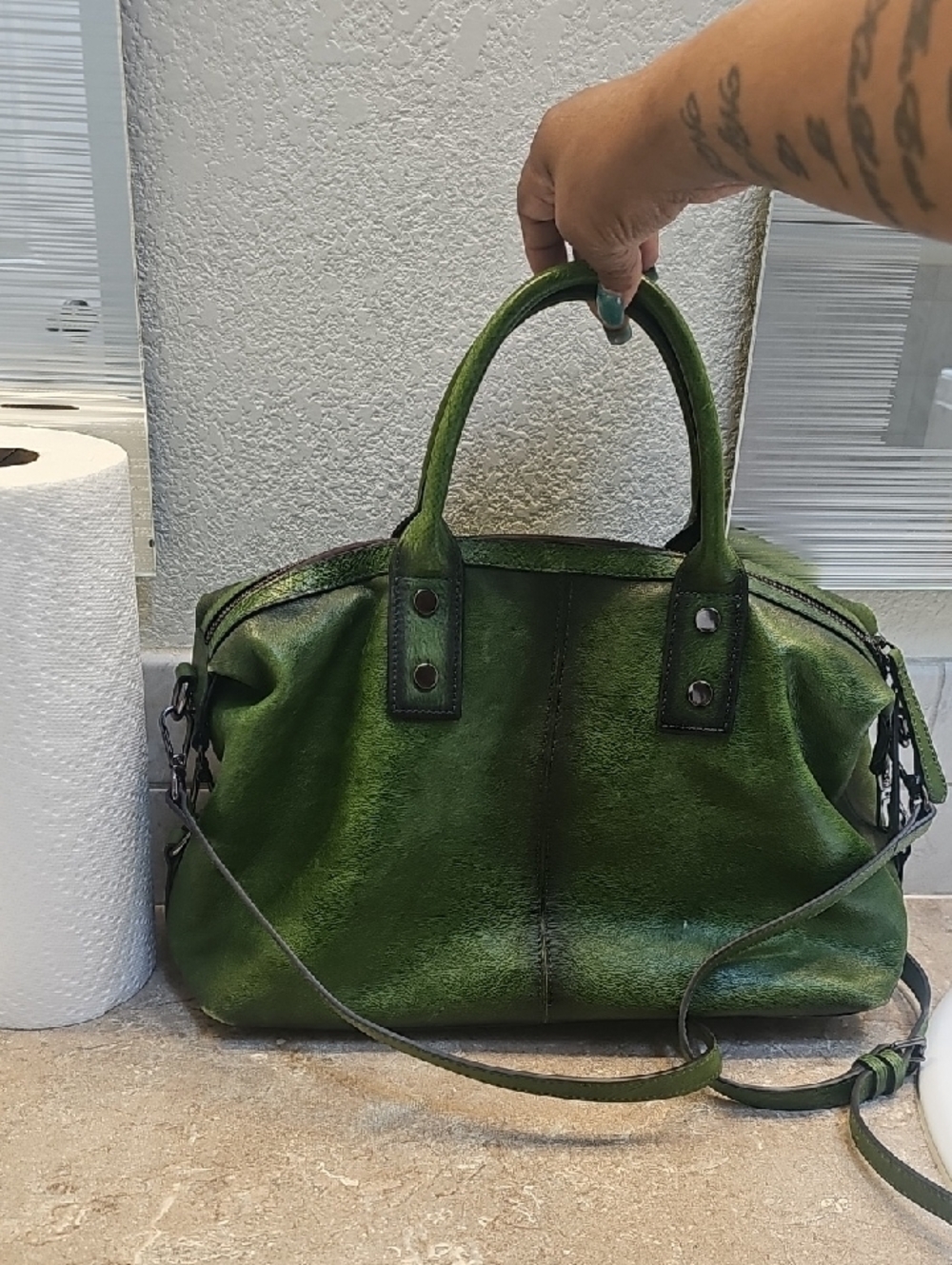 Green Leather Travel Duffel with Top Handles and Shoulder Strap
